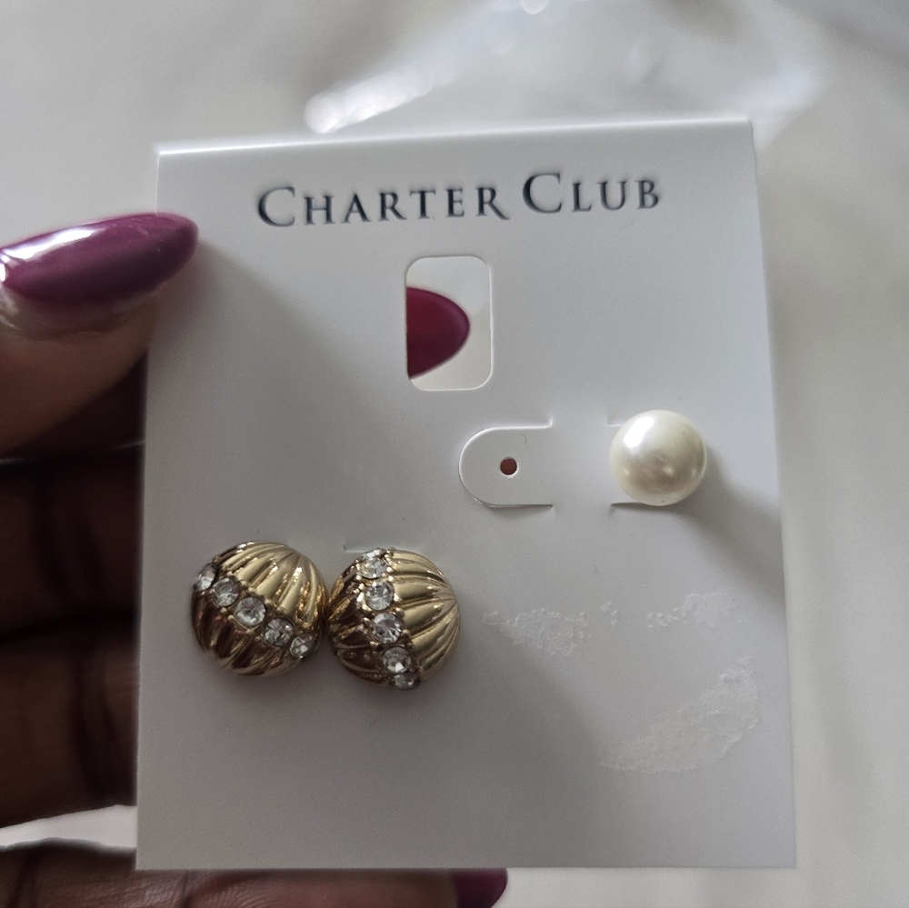 Charter Club Gold and Silver Crystal Stud Earrings New
